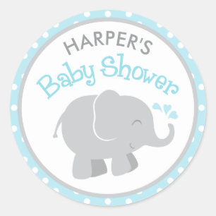 Sticker Rond Baby shower moderne Sky Blue et Grey Elephant Boy