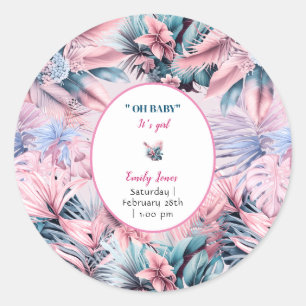 Sticker Rond Baby shower moderne tropical pastel rose bleu