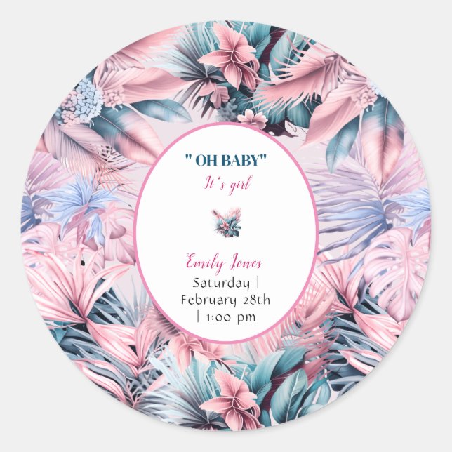 Sticker Rond Baby shower moderne tropical pastel rose bleu (Devant)