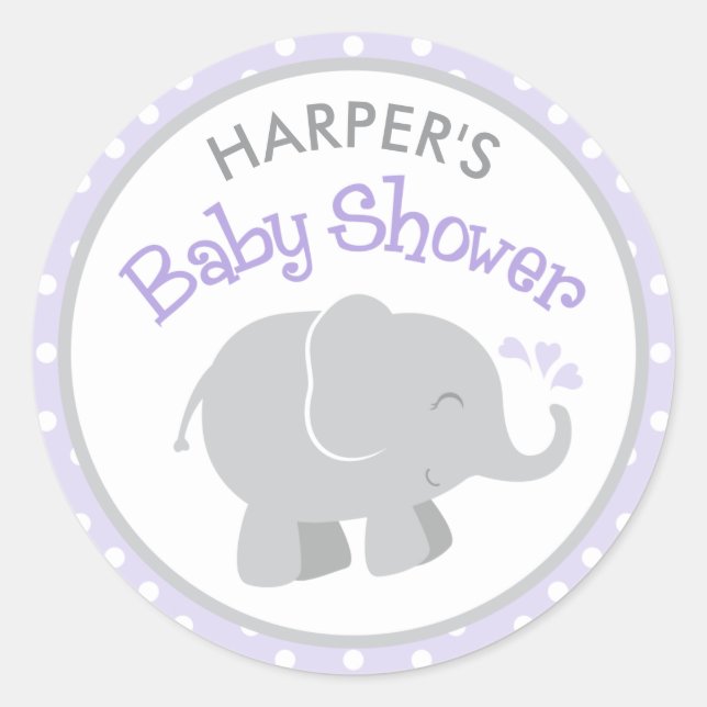 Sticker Rond Baby shower moderne violet gris éléphant fille (Devant)