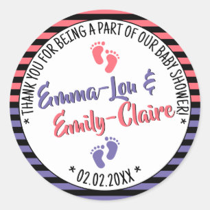 Sticker Rond Baby shower Motif à petites pieds rayé Girls Twins