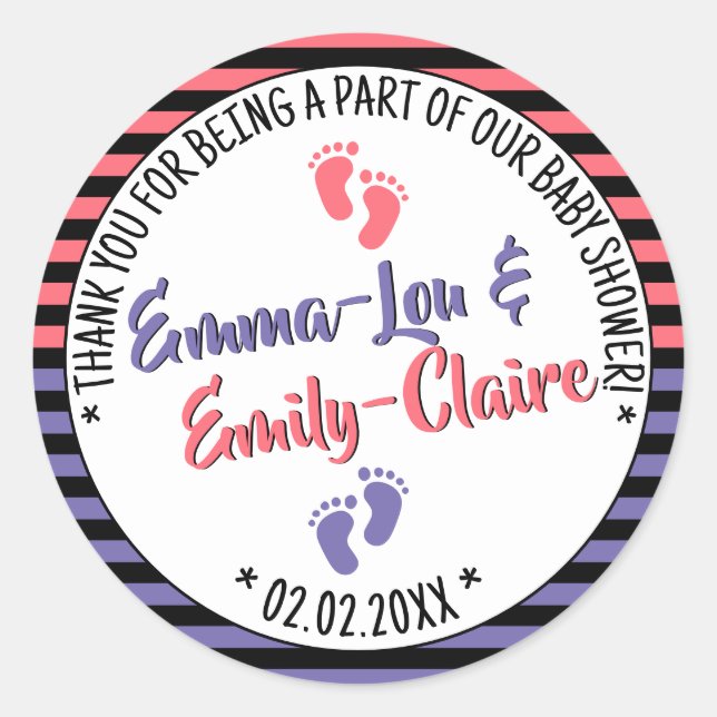Sticker Rond Baby shower Motif à petites pieds rayé Girls Twins (Devant)