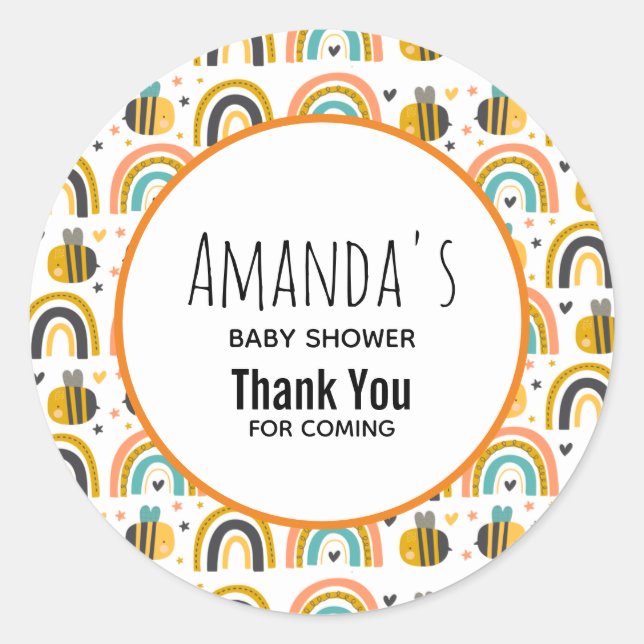 Sticker Rond Baby shower Motif de mignet Bumble Bee et Rainbows (Devant)