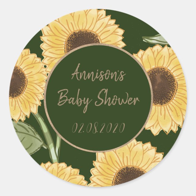 Sticker Rond Baby shower Motif de tournesol vert personnalisé (Devant)