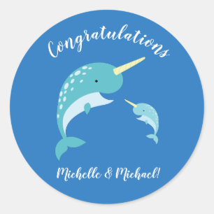 Sticker Rond Baby shower Narwhal Bleu Garçon mignon