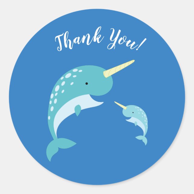 Sticker Rond Baby shower Narwhal Blue Boy Whale (Devant)