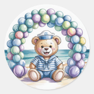 Sticker Rond Baby shower Nautical Teddy Bear Beach Boy