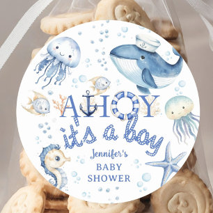 Sticker Rond Baby shower nautique Ahoy C'est un petit marin