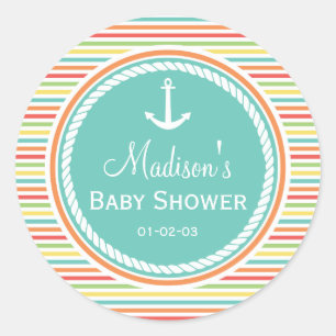 Sticker Rond Baby shower Nautique, Bright Rainbow Stripes