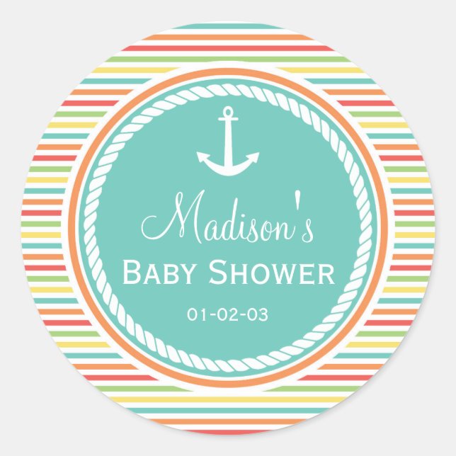 Sticker Rond Baby shower Nautique, Bright Rainbow Stripes (Devant)