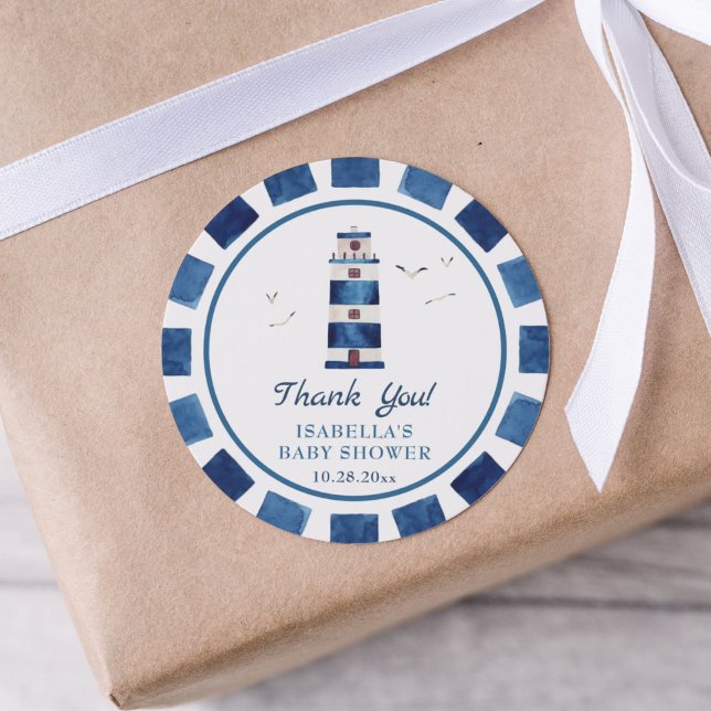 Sticker Rond Baby shower nautique du phare d'aquarelle (Créateur téléchargé)