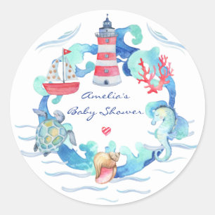 Sticker Rond Baby shower Nautique Neutre Sexe Aquarelle