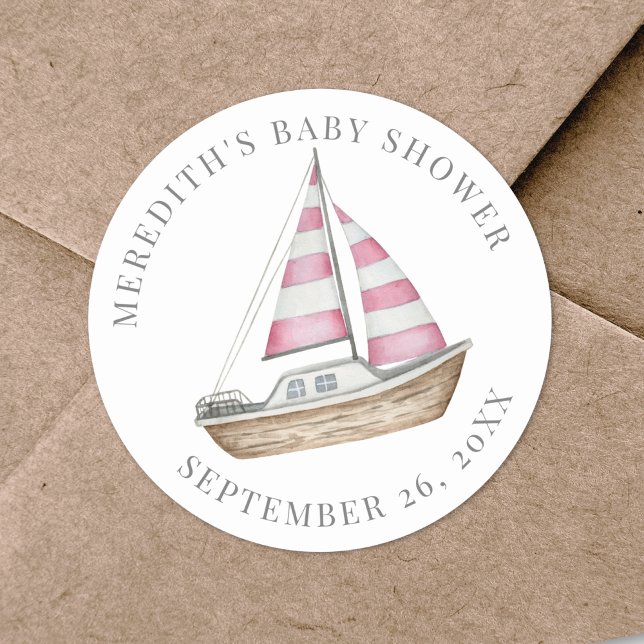 Sticker Rond Baby shower nautique rose (Pink Nautical Baby Shower Classic Round Sticker)