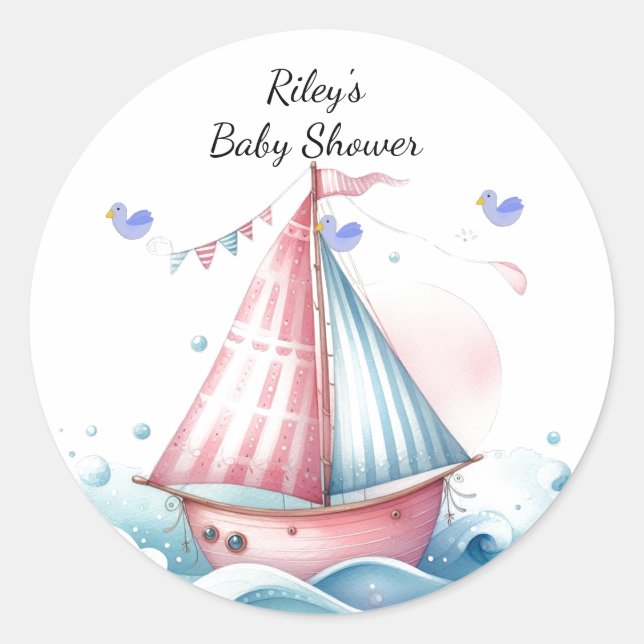 Sticker Rond Baby shower nautique rose classique (Devant)