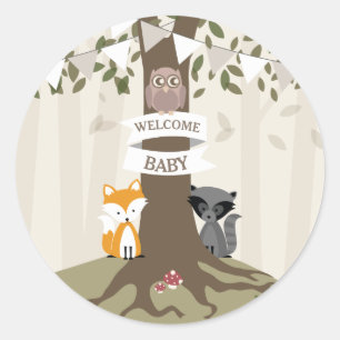 Sticker Rond Baby shower Neutre des animaux des bois