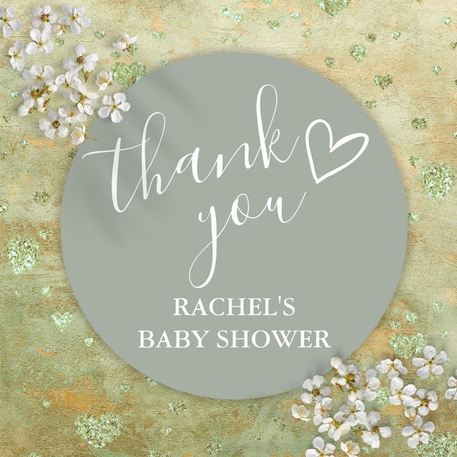 Sticker Rond Baby shower neutre Sage vert Merci de script (Sage Green Neutral Baby Shower Script Thank You Classic Round Sticker)