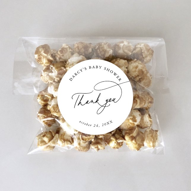 Sticker Rond Baby shower noir blanc moderne (DARCY Modern Black White Baby Shower Thank You Classic Round Sticker)