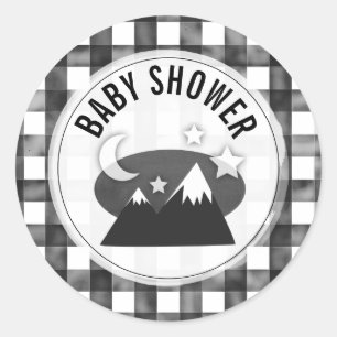 Sticker Rond Baby shower noir et blanc de montagnes de guingan