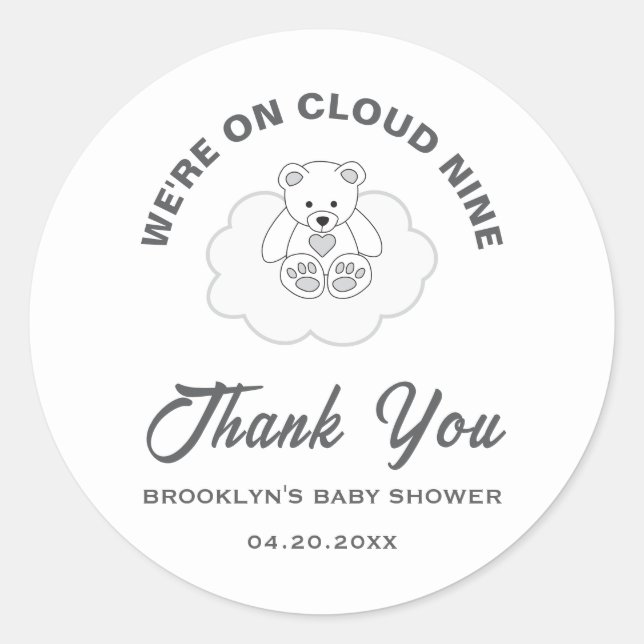Sticker Rond Baby shower Nuage Neuf Ours En Teddy Neutre Sexe N (Devant)