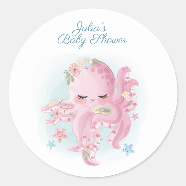 Sticker Rond Baby shower octopus rose mignon (Devant)