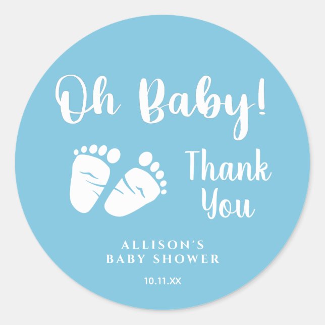Sticker Rond Baby shower Oh Baby Baby Pieds Merci bleu (Devant)