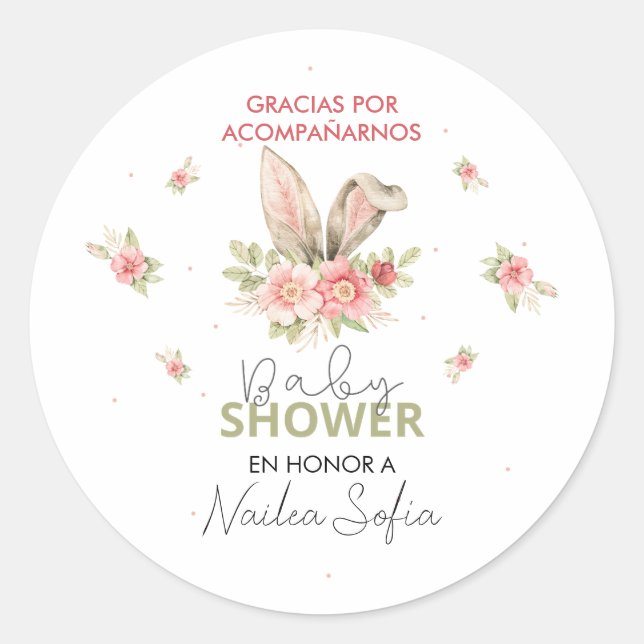 Sticker Rond Baby shower Orejas de Conejo Rosa y Flores (Devant)
