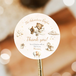 Sticker Rond Baby Shower Ouragan Avion Ours en Peluche Marron