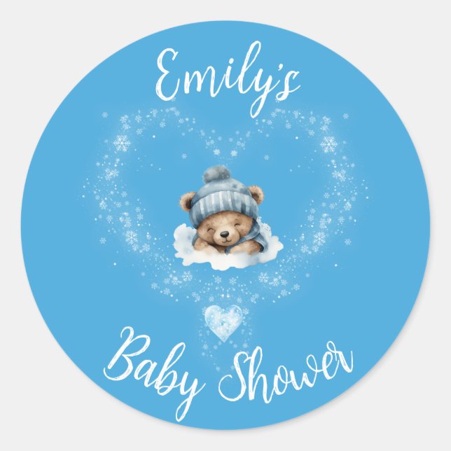 Sticker Rond Baby shower Ours Bleu Teddy Excité (Devant)
