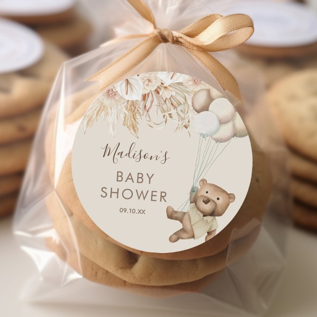 Sticker Rond Baby shower Ours Boho Pampas Grass Classic Round S (Créateur téléchargé)
