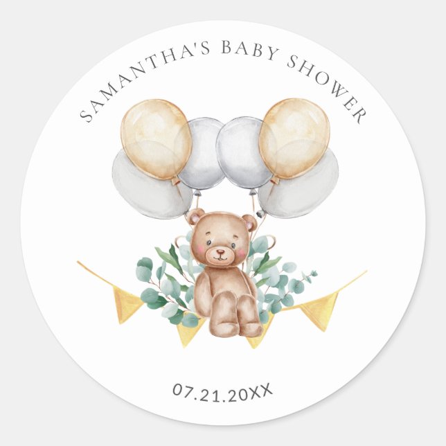 Sticker Rond Baby Shower Ours en Eucalyptus et Ballons (Devant)