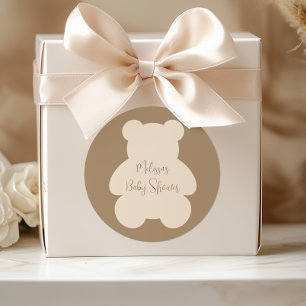 Sticker Rond Baby Shower Ours en peluche beige à peine attendre