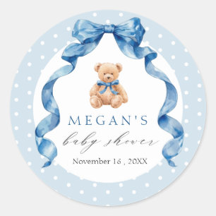 Sticker Rond Baby Shower Ours en Peluche Bleu Garçon