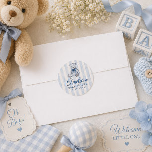 Sticker Rond Baby Shower Ours en Peluche Rayures Aquarelle