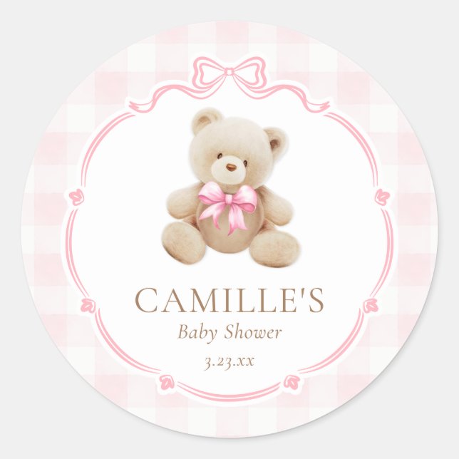 Sticker Rond Baby Shower Ours en Teddy Gingham Rose (Devant)