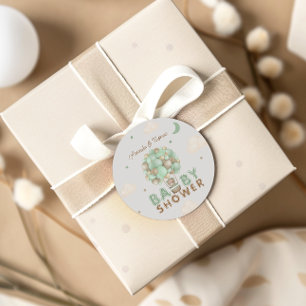 Sticker Rond Baby shower ours en vert en montgolfière