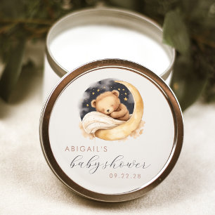 Sticker Rond Baby Shower Ours et Lune en Aquarelle Mignon