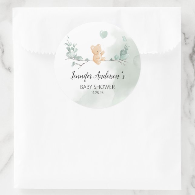 Sticker Rond Baby shower Ours Eucalyptus (Sac)