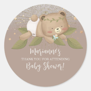 Sticker Rond Baby Shower Ours Paillettes Bohème Étoiles Or