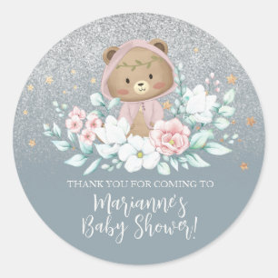 Sticker Rond Baby shower Ours Parties scintillant Florale Bleu