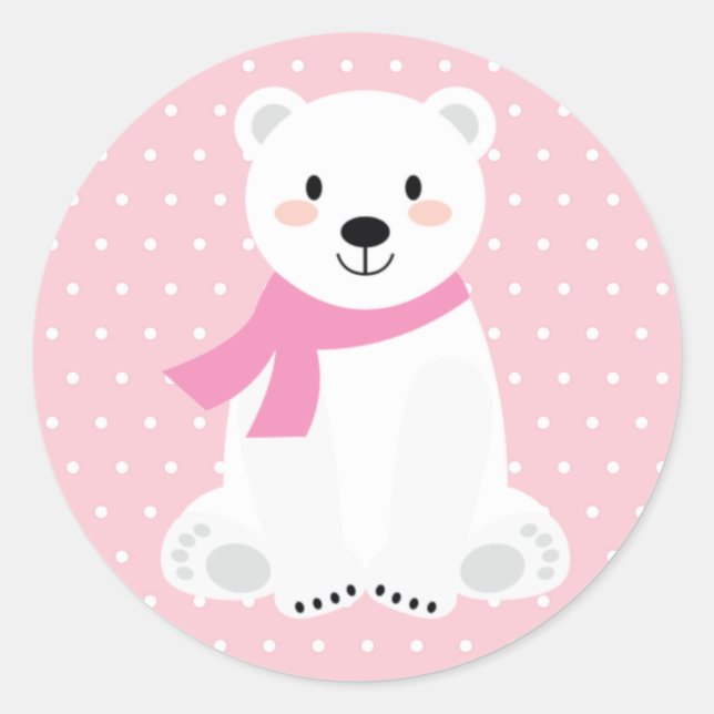 Sticker Rond Baby Shower Ours Polaire Fille Rose (Devant)