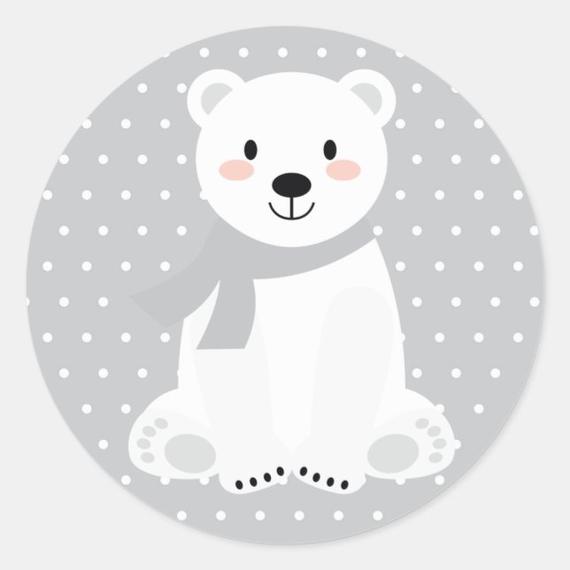 Sticker Rond Baby Shower Ours Polaire Mignon Gris (Devant)