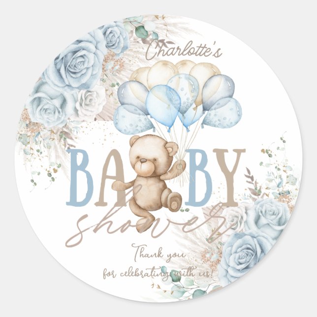 Sticker Rond Baby Shower Ourson Bohème Fleurs Bleues Pampas Gar (Devant)