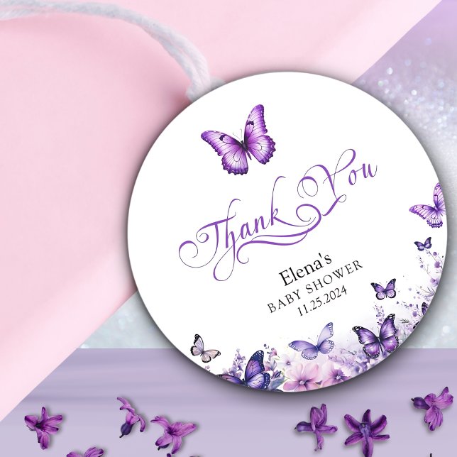 Sticker Rond Baby shower papillon Élégant violet Floral (Créateur téléchargé)