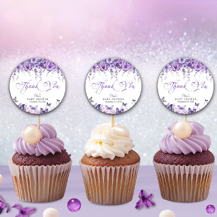 Sticker Rond Baby shower papillon Élégant violet Floral