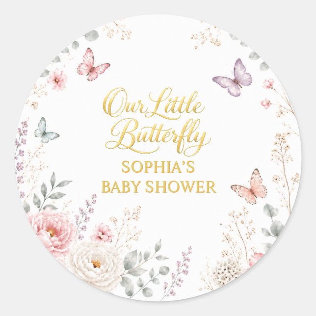 Sticker Rond Baby Shower Papillon Floral Or  (Devant)