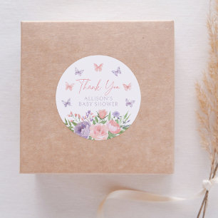 Sticker Rond Baby Shower Papillon Floral Pastel