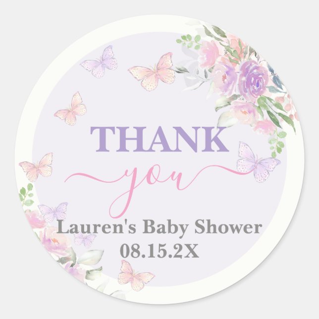 Sticker Rond Baby shower papillon Lilac fille (Devant)