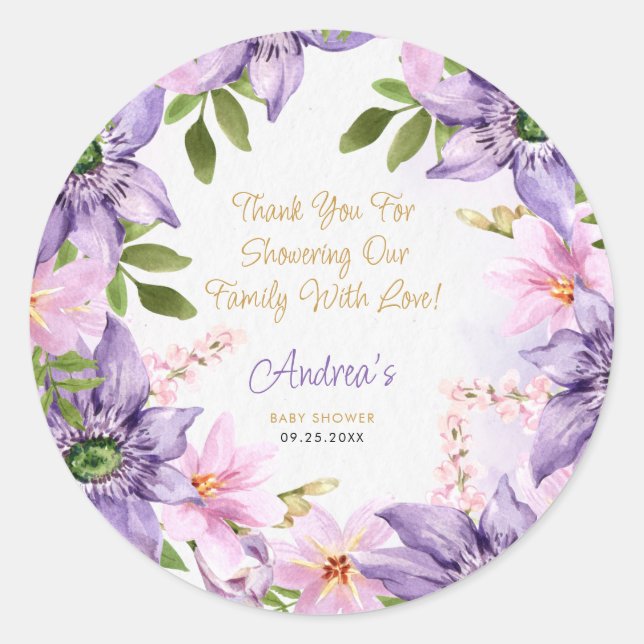 Sticker Rond Baby shower papillon pourpre (Devant)