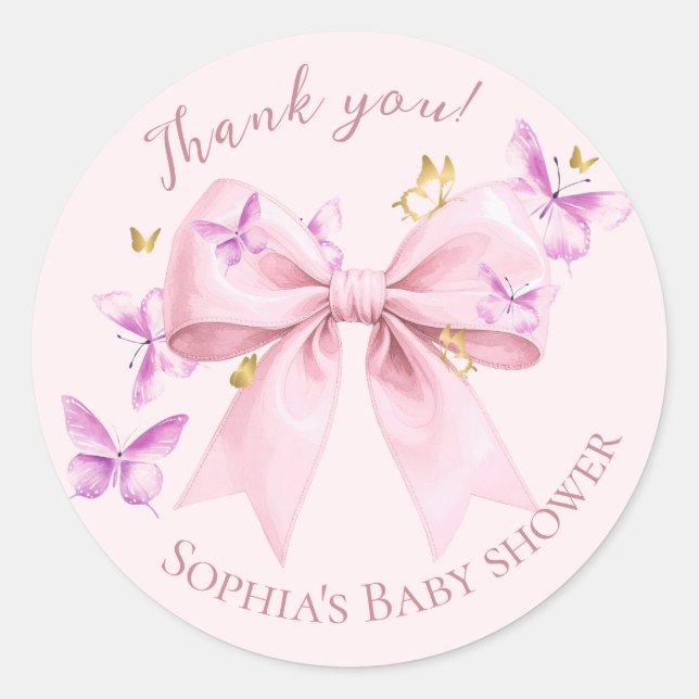 Sticker Rond Baby Shower Papillon Rose  (Devant)