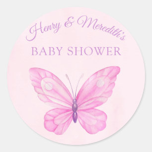 Sticker Rond Baby shower papillon rose et pourpre